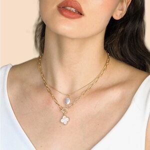 2PC Gold Clover & Pearl Necklace Set Chunky Link Toggle Dainty Chain Alhambra